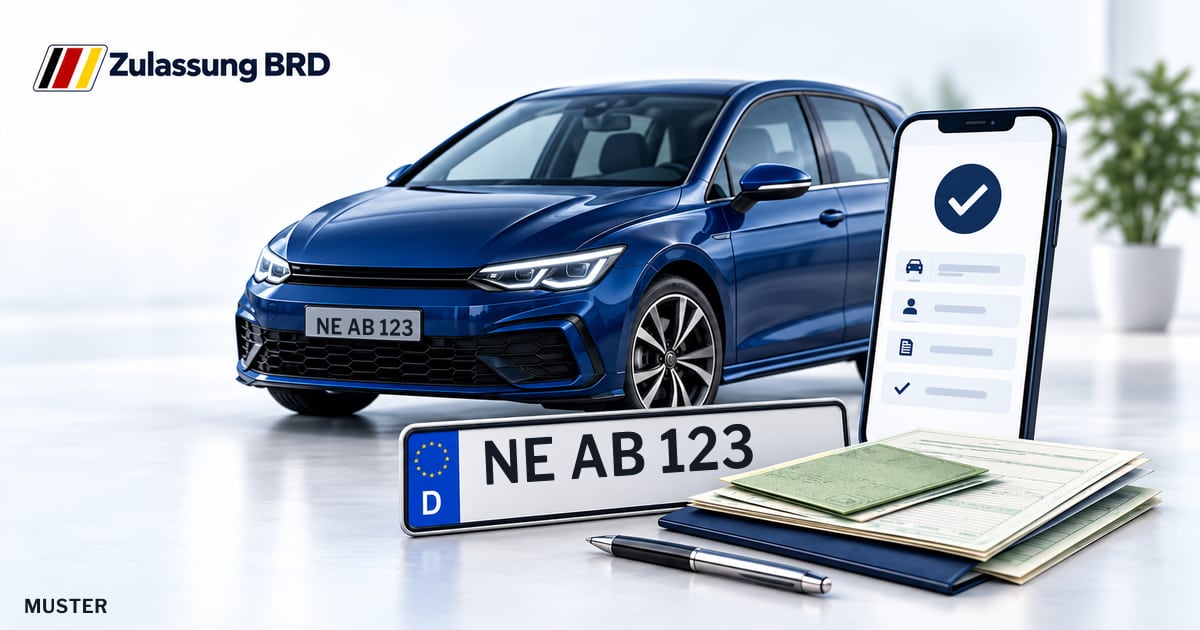 Online Fahrzeugzulassung in Neuss: Musterkennzeichen NE AB 123, Auto und Fahrzeugpapiere und Smartphone. Illustration mit Logo von Zulassung BRD.